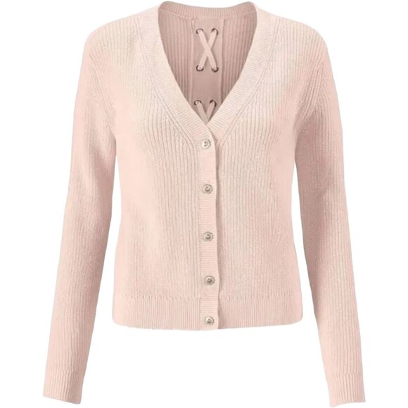 CABI Eliza Lace Up Light Pink Sweater Cardigan Size Medium Style 3357 V Neck - Picture 2 of 14
